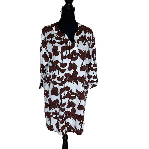 Natori Brown Floral Short Kaftan Coverup MEDIUM Cotton Vacation Resort Oversize - Picture 1 of 6